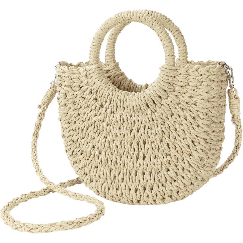 Women's Beige Straw Beach Woven Cross Body Shoulder Top Handle Satchel Handbag